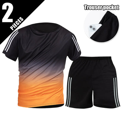 2pcs Summer Men's Quick drying Sports Suit Loose And Comfortable Round Neck Short Sleeved T-shirt Versatile Running Pocket Short