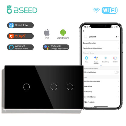 BSEED Wifi 1/2/3Gang Licht Schalter Touch Sensor Glas Schalter Tuya Smart Leben Alexa Control Plus EU Steckdosen Neutral Draht