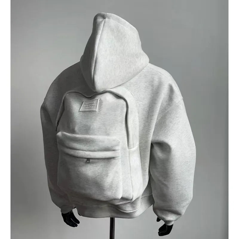 Streetwear fashion three-dimensional backpack casual hoodie Y2K autumn winter high street trend punk men's top loose sportswear.