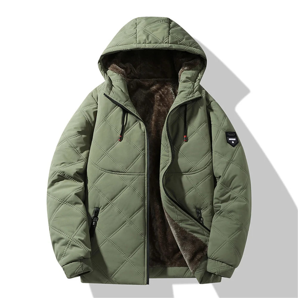 Winter Windproof Thermal Diamond-Pattern Fleece-Lined Thickened Cotton Coat Business Casual Hooded Jacket Fashionable Menswear.