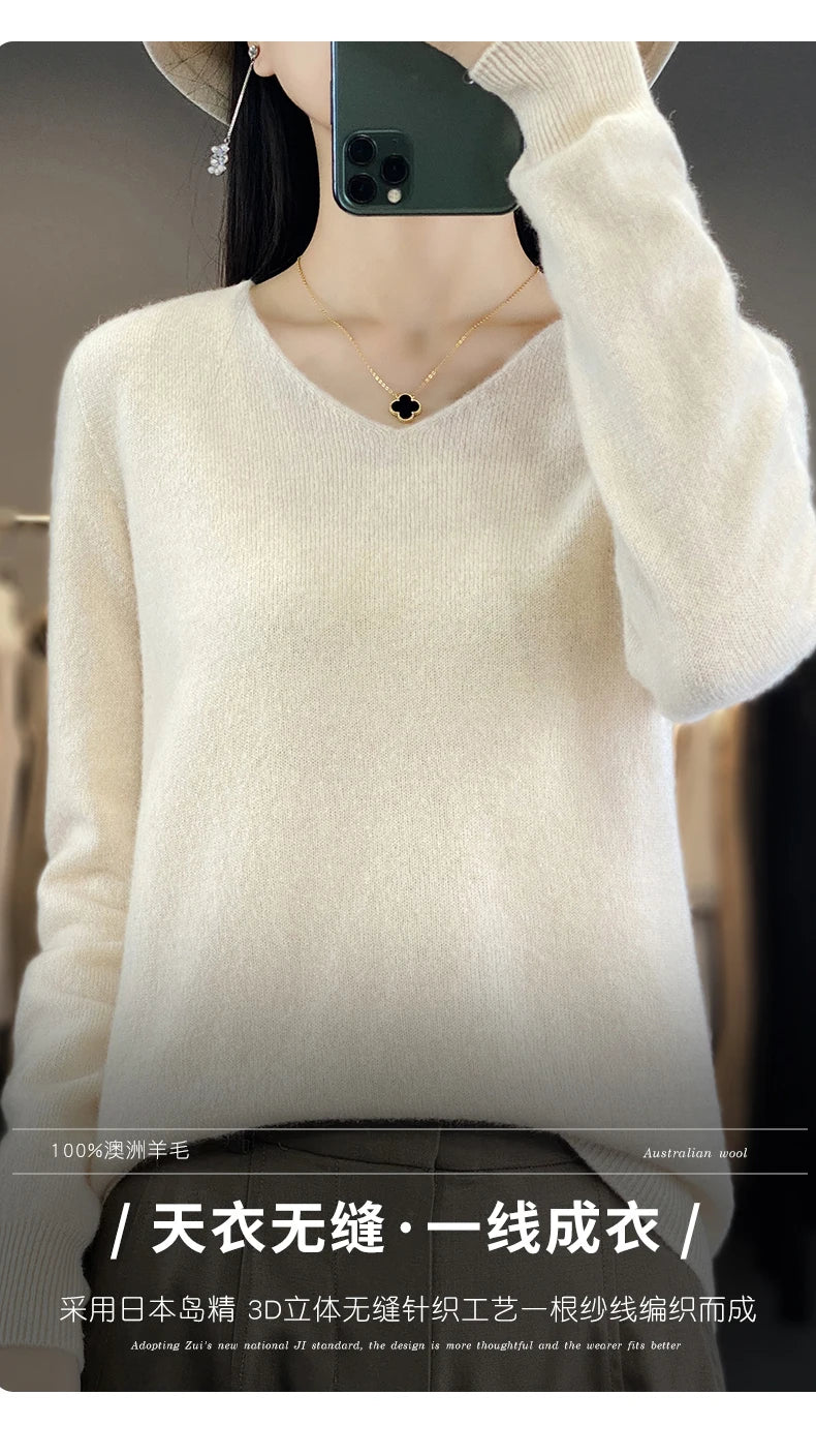 Women 100% Merino Wool Sweater V-Neck Basic Pullover Autumn Winter Cashmere Clothing Long Sleeve Soft Knitwear Tops Solid Color.