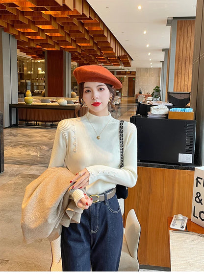 Langarm Beiläufige Dünne Pullover Mode Taste Grundlegende Gestrickte Tops Frauen Rollkragenpullover Koreanische Mode Einfache Chic Kleidung