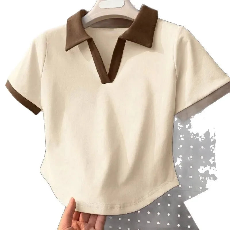 Color Block Polo Neck T-Shirt Women Short Sleeve Classic Lettering Slim Fit V-Neck Top Short Style Cotton Casual Summer New.