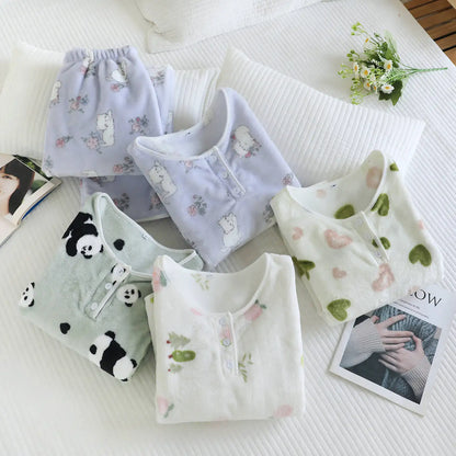 2025 New Winter Women's Pajama Set with Thickened Fleece and Flannel Warm Head Cartoon Comfortable Home Clothing Set Pijama