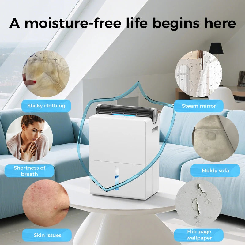 Dehumidifier 2000 ml for Bedroom, Double Hold Design, Drying Mode, Sleep Mode 30 dB, Intelligent Auto Defrost Function 24h Timer.