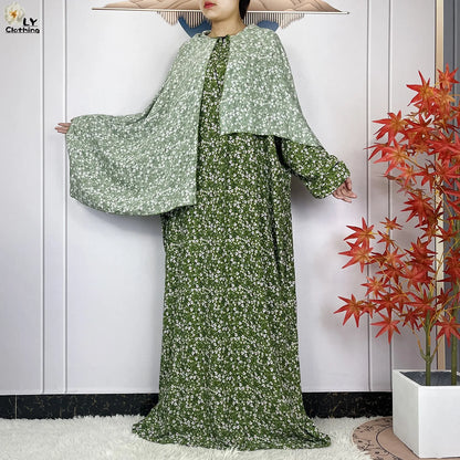 New Muslim Long Sleeved Cotton For Women Ramadan Prayer Turkey Middle East Femme Robe Floral Loose African Abaya Dress Scarfs