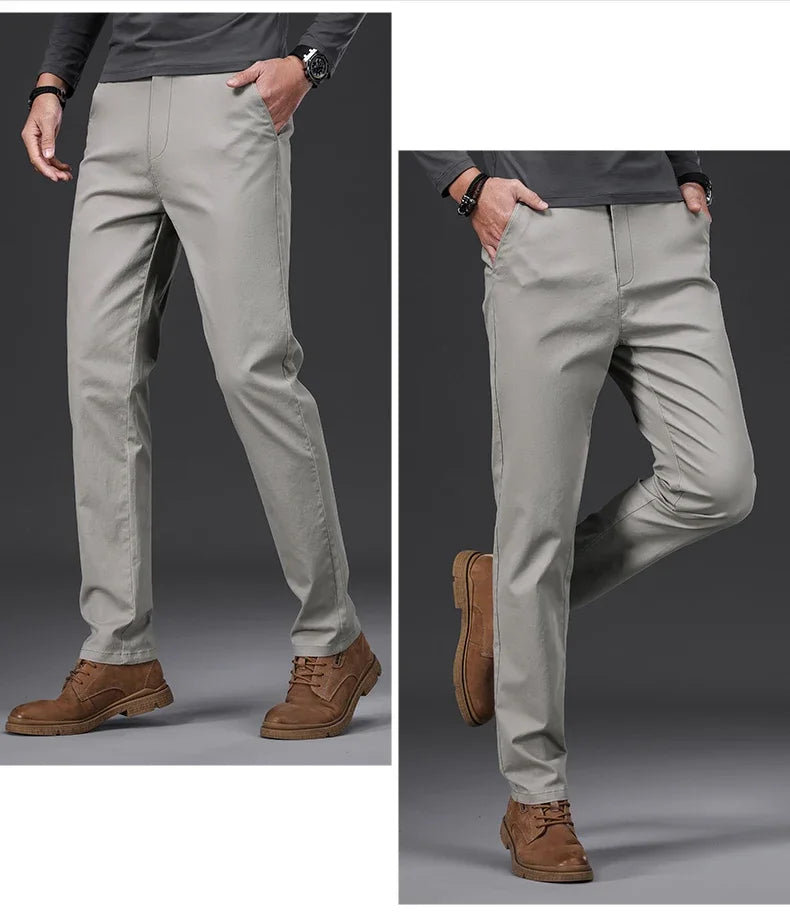 97% Cotton Men's Casual Pants Autumn Fashion Comfortable Elastic Slim Straight Business Trousers Black ArmyGreen Khaki.