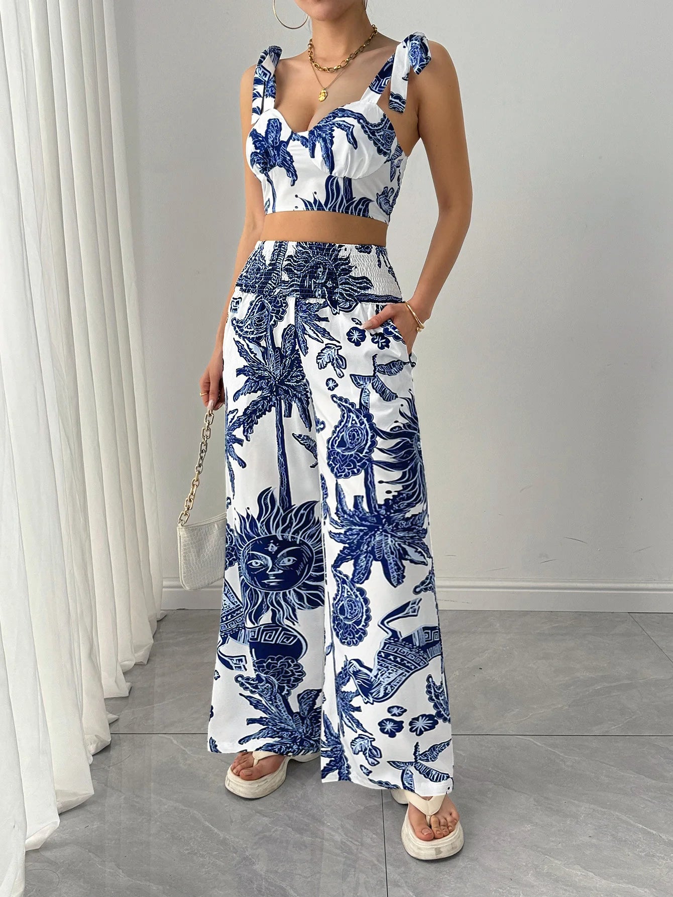 Two Piece Sets Women Pant Print Sling Tops High Waist Wide Leg Pants Drawstring Matching Sets Casual Backless Tops Summer 2025.