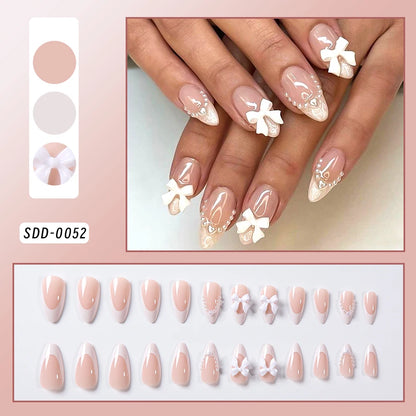 24Pcs White French Press On Nails 3D Bow Design Full Cover Wearable False Nails Short Square Head Ballet Fake Nails For Women.