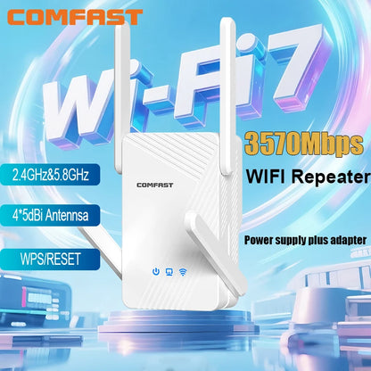Comfast WIFI7 3570Mbps WiFi Repeater 2.4G/5G Wifi Extenders Dual-band WIFI Signal Amplifier 4*5dBi Antenna Repeator WPS/Reset.