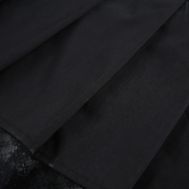 Girl Retro Pleated Skirt Lace Up High Waist Plaid Mesh Stitching Hem Y2K Aesthetic Gothic Black Mini Skirts Bodycon