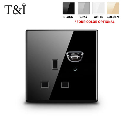 Schaltsteckdose aus gehärtetem Glas, selbstrückstellend, 1 2 3 4 Gang, Wandpaneel nach europäischem Standard nach britischem Standard mit Kontrollleuchte, 86 x 86 mm.