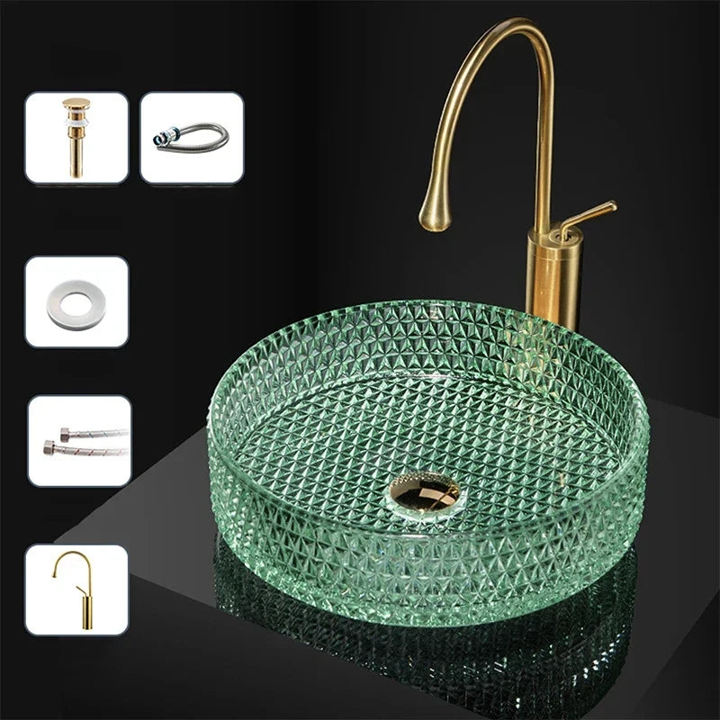 Luxuriöses Waschbecken aus Kristallglas, Badezimmer-Waschbecken, rosa Arbeitsplatte, Kunstbecken, rundes Mini-Schüsselbecken, Waschraum-Waschbecken mit Wasserhähnen