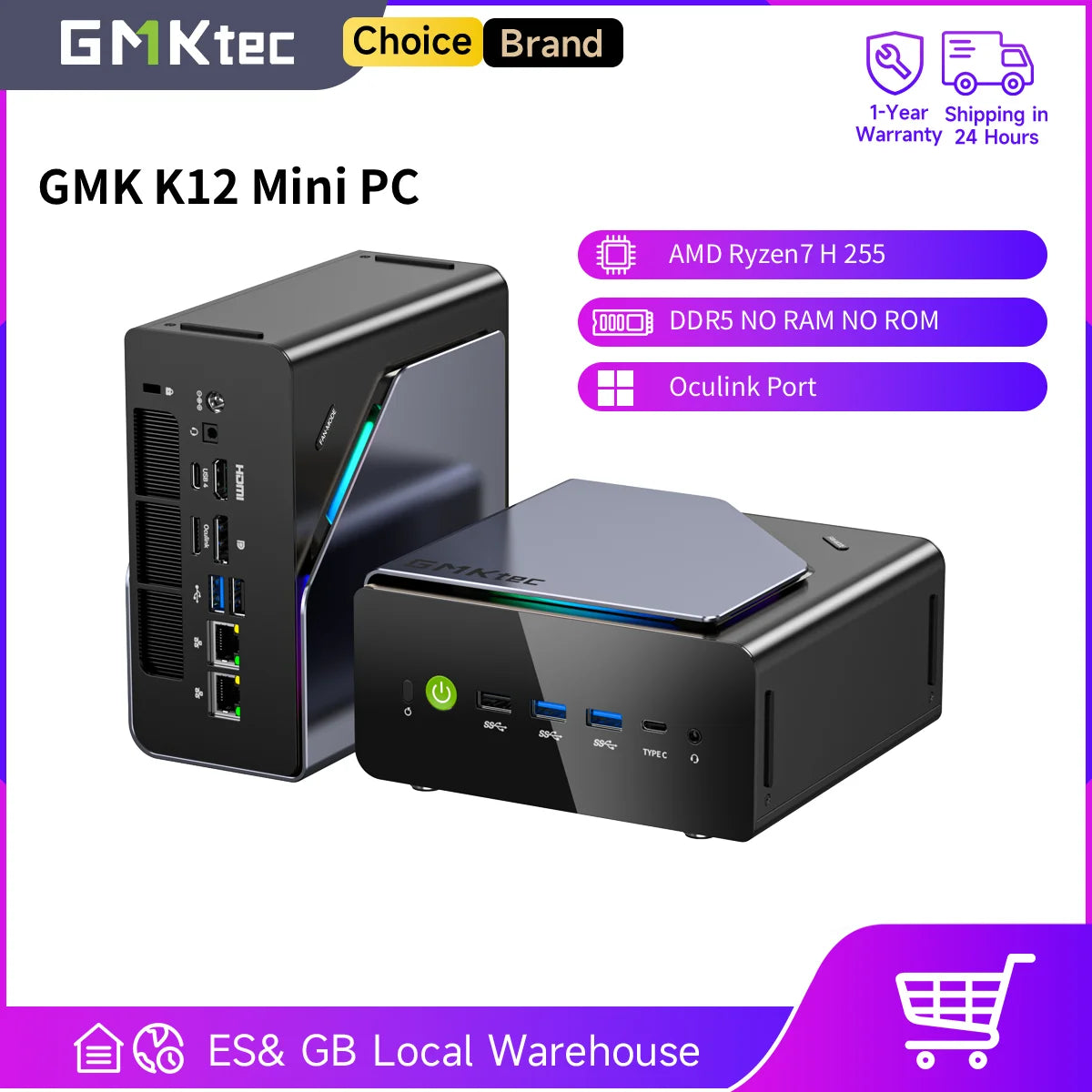 GMKtec K12 Mini PC AMD Ryzen7 H 255 (Upgraded 8745HS) Oculink DDR5 NO RAM NO ROM Desktop Computer Window 11 Pro Gaming PC WIFI6E.