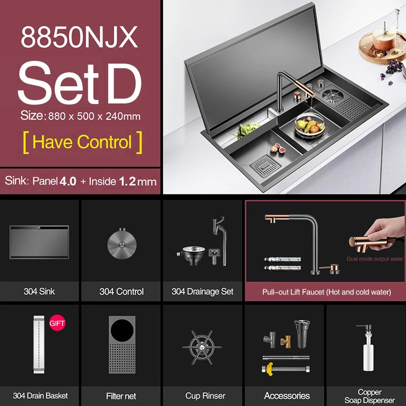 ASRAS Large Size Flip Cover Hidden Island Kitchen Sink 304 Stainless Steel 4mm Thickness Handmade Stepped Sink Cup Rinser Sinks