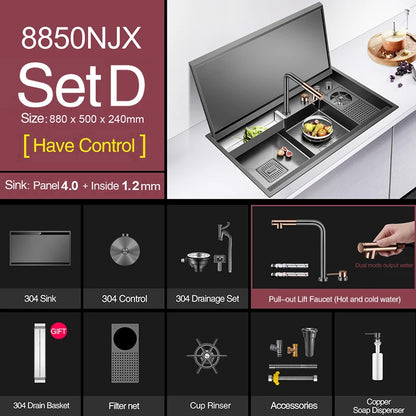 ASRAS Large Size Flip Cover Hidden Island Kitchen Sink 304 Stainless Steel 4mm Thickness Handmade Stepped Sink Cup Rinser Sinks