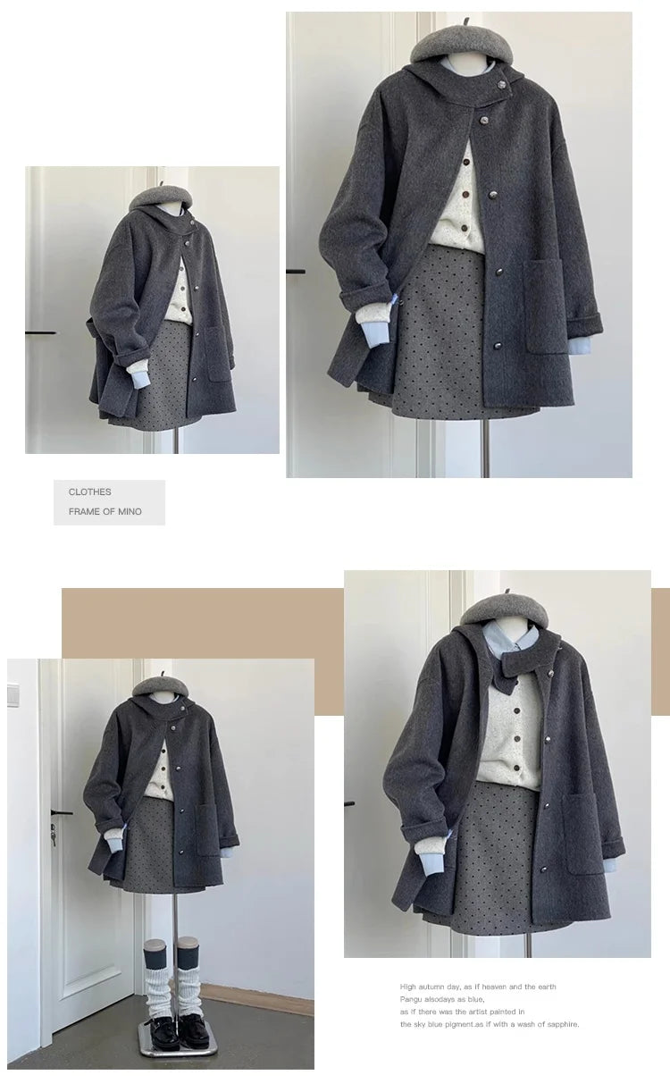 Grauer doppelseitiger Wollmantel mit Kapuze für Damen im Herbst und Winter 2025, neuer High-End-Mantel im Hepburn-Stil.