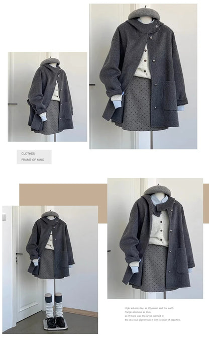 Grauer doppelseitiger Wollmantel mit Kapuze für Damen im Herbst und Winter 2025, neuer High-End-Mantel im Hepburn-Stil.