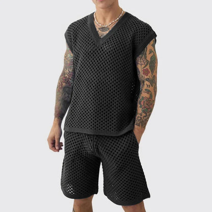 New Men's Summer Casual Knit V Neck Two-piece Sets Fashion Solid Loose Tank Tops and Shorts Sport Suit Men Hollow Out Streetwear.