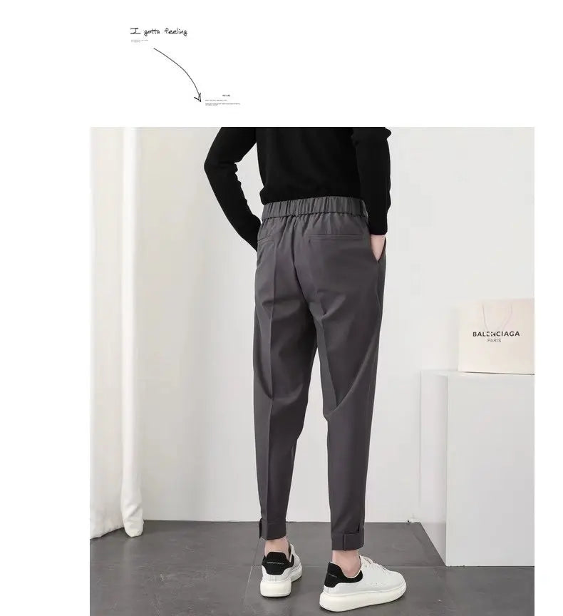 Fashion Men Casual Pants Elastic Waist Small Feet Slim Korean Style Pleated Tapered Male Blazer Pants Trousers Streetwear.