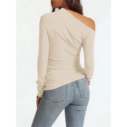 AG-Women's Off Shoulder Tops Dressy Long Sleeve Asymmetrical Slim Fit Going Out Fall Blouse Ruched Shirts.