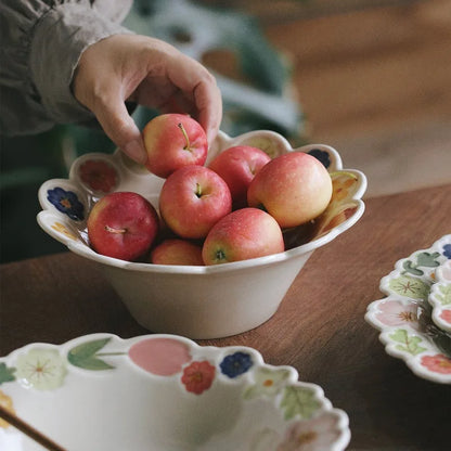 Floral Embossed Rim Soup Dessert Plate - Elegant Ceramic Appetizer Dish for Breakfast, Cafe Dining, Home Kitchen Tableware Set.