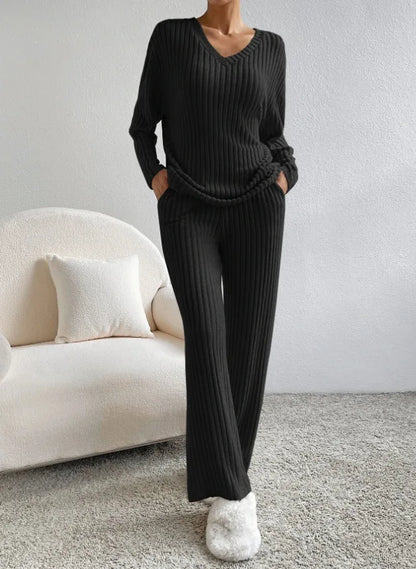 Autumn Winter Ribbed Knit Two Piece Set Womens V Neck Long Sleeve Top Wide Leg Pants Loungewear Casual Solid Color Outfit.