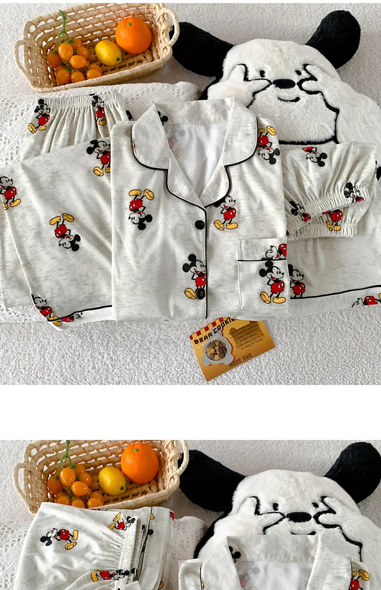 3Pcs Mickey Mouse Pajama Set Women's Summer Short-Sleeved Cute Sleepwear Autumn Student Home Clothes Three-Piece Set Nightgown.