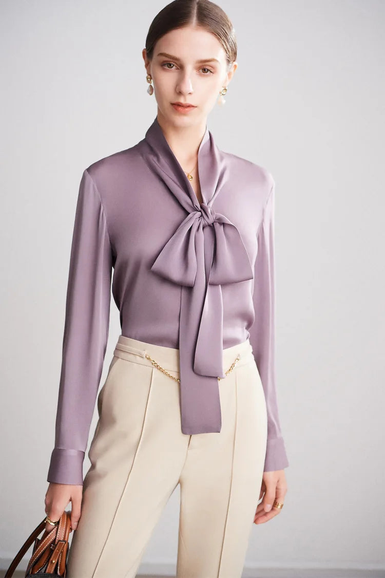 Silk Shirt Women's Thick Temperament Streamer 2025 Spring and Summer New Mulberry Silk Lace-up Design Shirt Long-sleeved Top