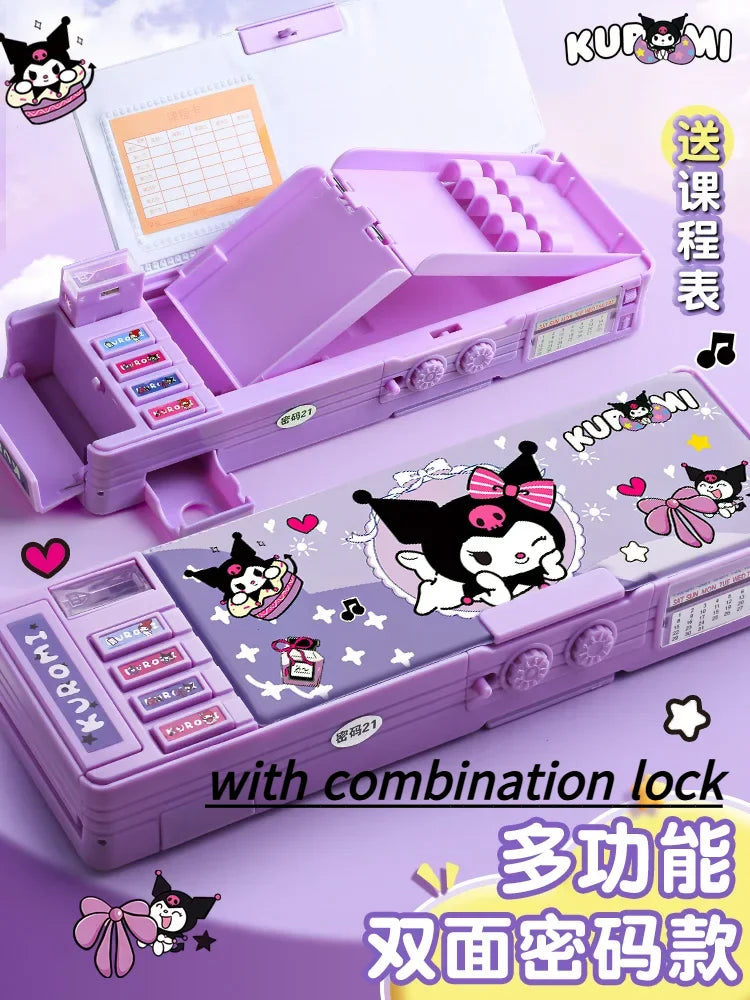 Kuromi Melody Multifunktionales automatisches Stiftetui mit Zahlenschloss, Stifttasche, großes Fassungsvermögen, Schreibwarenbox, Desktop-Aufbewahrung.