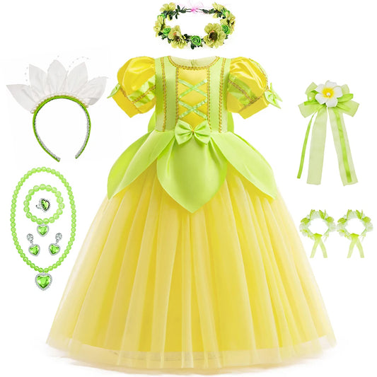 Tiana Fancy Prinzessin Kleid für Mädchen Geburtstag Party Kostüm Kinder Rollenspiel Ballkleid Kinder Karneval Performance Kleidung