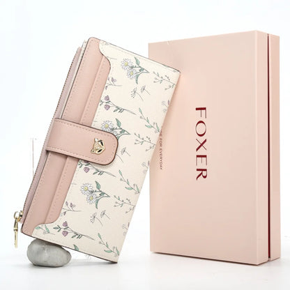 FOXER New Women's Long Wallet Fashion Multi-card Clutch Slot Card Holder Signature Versatile PU Floral Wallet Zipper Coin Purse