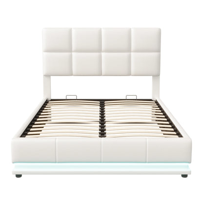 Comanlai Polsterbett 140 x 200 cm mit LED-Leuchten, hydraulisches Bett mit Stauraum, Doppelbett mit Lattenrost, Kunstleder, weiß