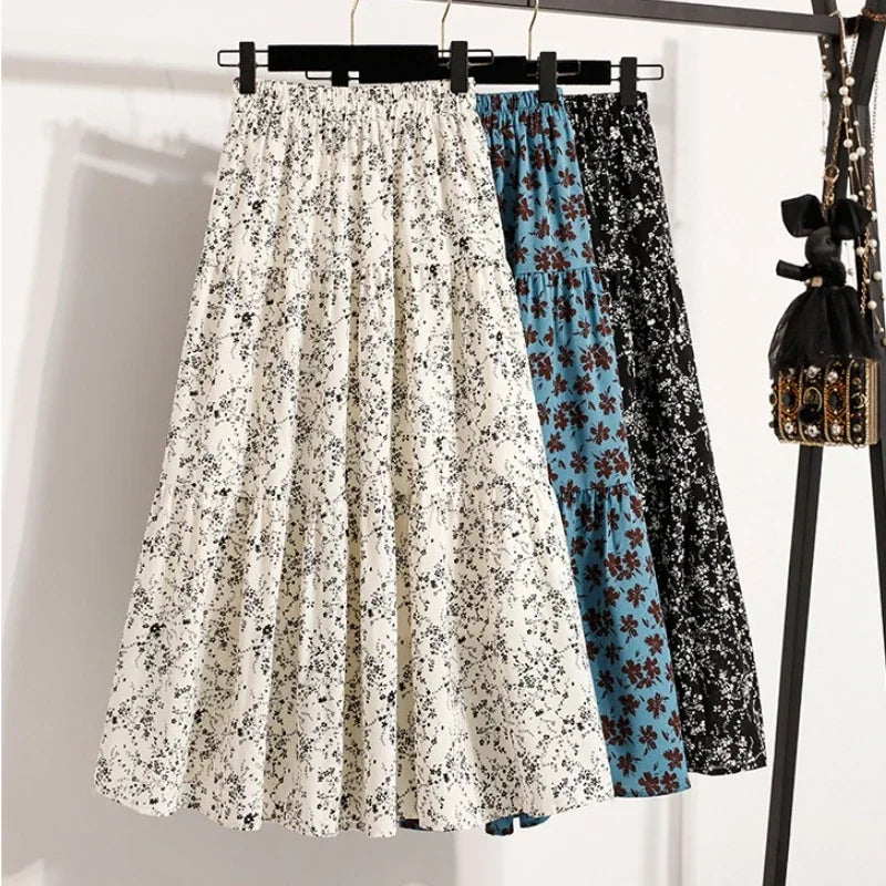 2025 Vintage Draped Elegant Chinese Style Women's Half-length Skirts Autumn Floral Pleated A- Line Skirt With Lining.