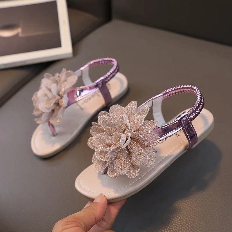 Girls Sandals 2023 Summer New Bling Flowers Baby Children Fashion Soft Bottom Student Shoes Kid's Slippers Pink Flats Flip Flops
