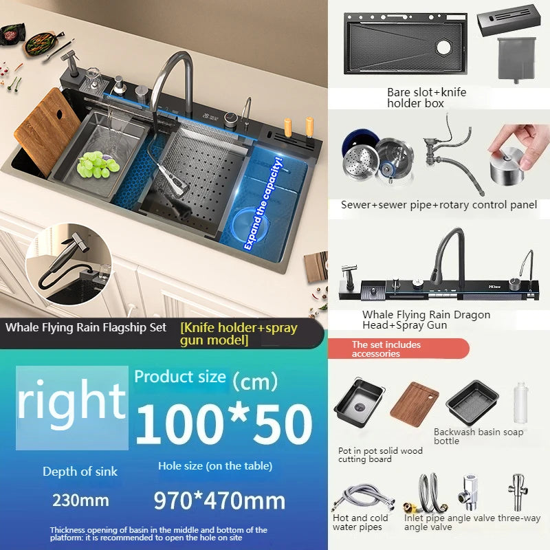 Edelstahl-Küchenspüle, multifunktionale Digitalanzeige, Wasserfall, großer Einzelschlitz mit Rack für Messerwaschbecken