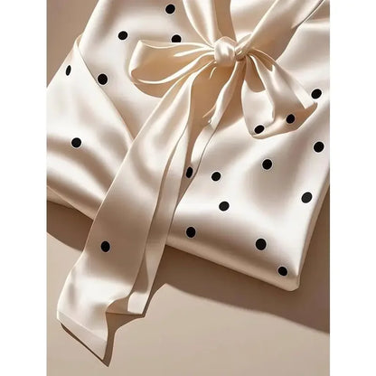 Elegant High Quality Satin Polka Dot Print Shirt Women Office Lady Business Casual Chic Blouse Lace-up Bow Long Sleeve Loose Top.