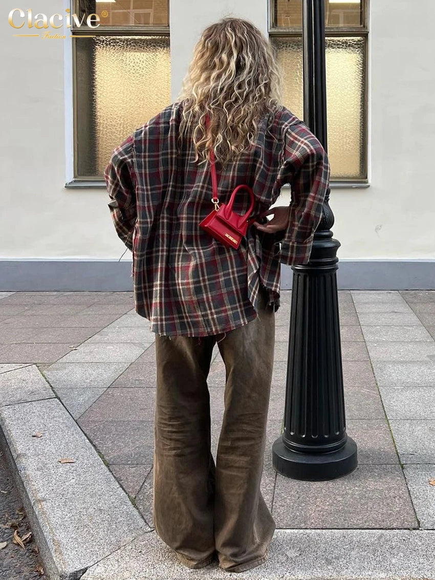 Clacive Fashion Loose Plaid Women's Shirt 2025 Vintage Lapel Long Sleeve Blouses Elegant Classic Blusas Top Female Clothing.