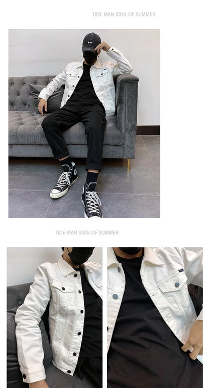 Men's Denim Jacket Spring Autumn White Casual Slim Fit Korean Style Workwear Coat Streetwear Fashion Male Outerwear Jackets.