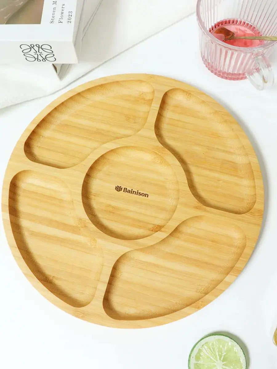 Bainison Bamboo Tray With Compartments-Snack Sorting Platter, Party Candy Buffet Display,Household Kitchen Outdoor Bamboo Tray.