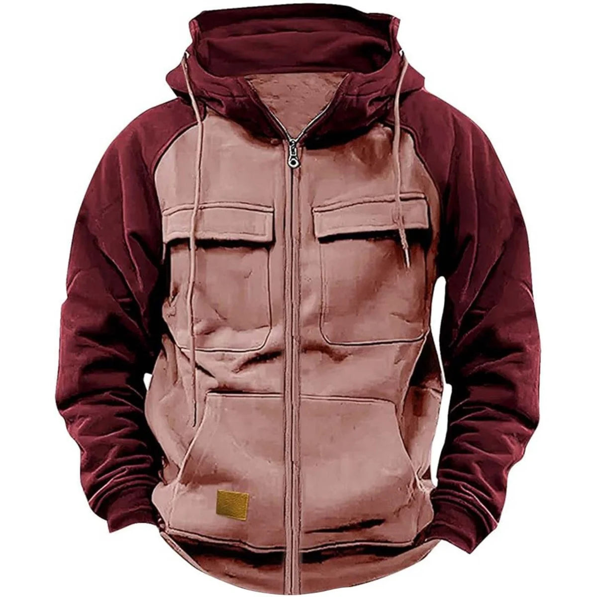 Men's Hooded Sweatshirt Zipper Patchwork Fleece Jacket Warm Sporty Autumn Winter with Multiple Pockets Fashionable Hood.