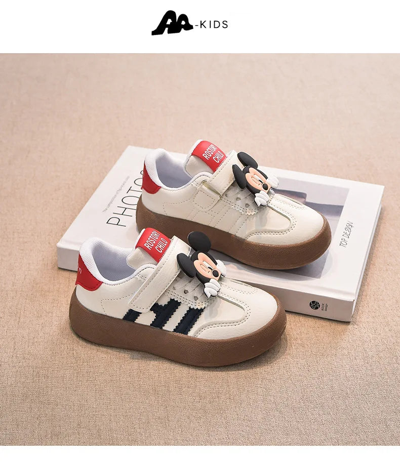 Disney Children's Casual Shoes Cute Minnie Girls Sneakers Fashion Mickey Boys Sport Shoes Anti-slip Soft Sole Kids Board Shoes.