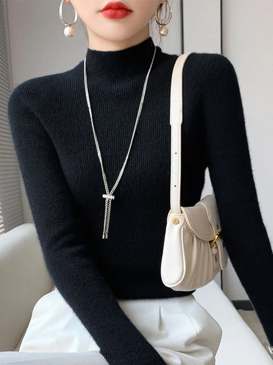Herbst Winter Frauen Pullover Slim Fit Hohe Strecth Pullover Langarm Inneren Tragen Mock Neck Gestrickte Tops Koreanische Mode Jumper