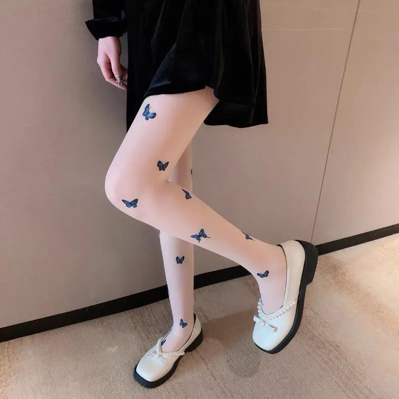 Blue Butterfly Print Tights Ultra-thin Slim Fit Pantyhose Elastic Butterfly Pattern Stockings Women's Stockings Hosiery.