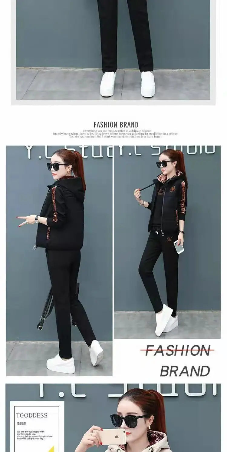 Winter 3 Pcs/Set Women Waistcoat Top Pants Set Letter Embroidery Ladies Winter Tracksuit Color Block Three-piece Sweatpants Set.