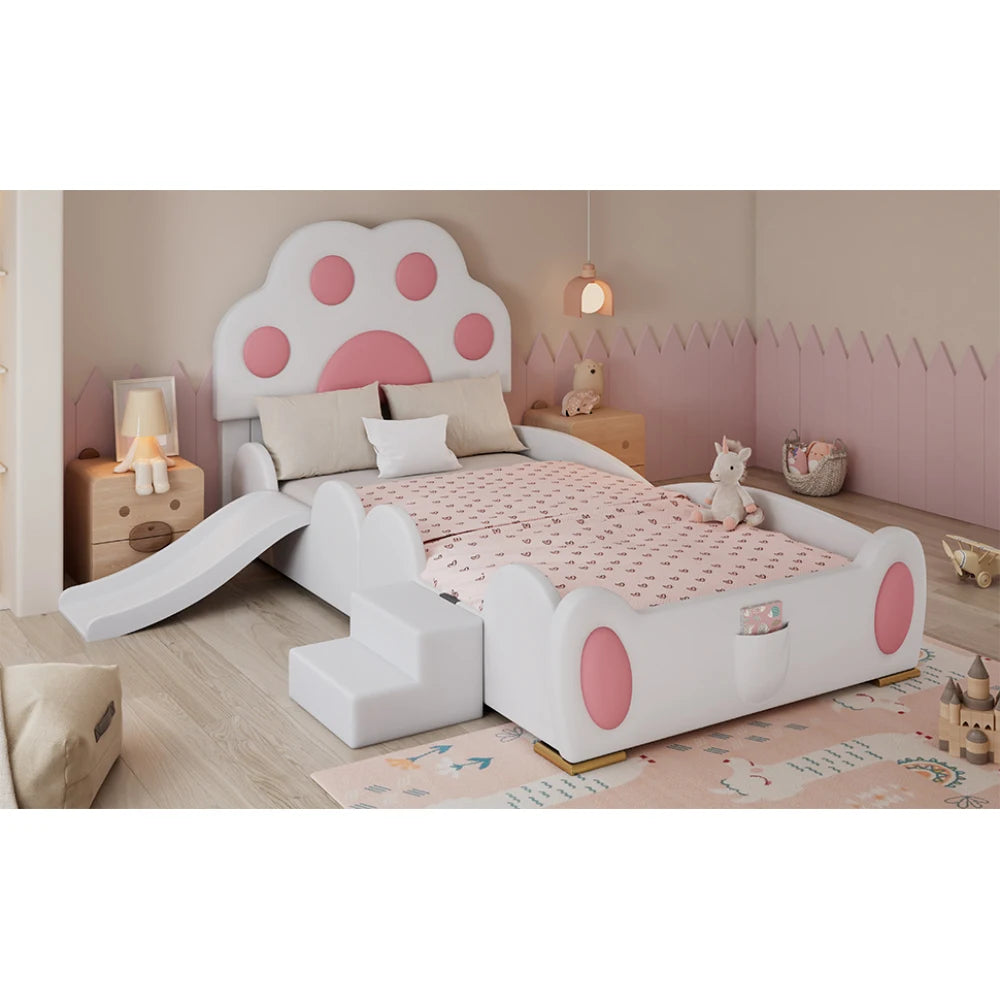 Cartoon süßes rosa Prinzessinnenbett, gepolstertes Bett, 90 x 200 cm, mit Kinderrutsche und zweistufiger Leiter, für Mädchenschlafzimmer