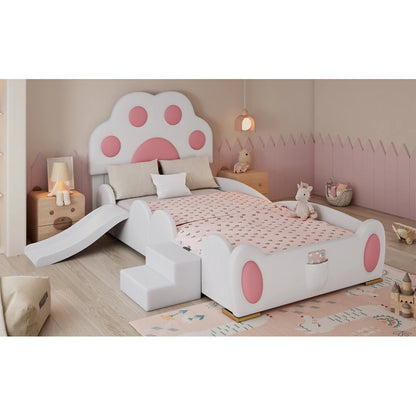 Cartoon süßes rosa Prinzessinnenbett, gepolstertes Bett, 90 x 200 cm, mit Kinderrutsche und zweistufiger Leiter, für Mädchenschlafzimmer