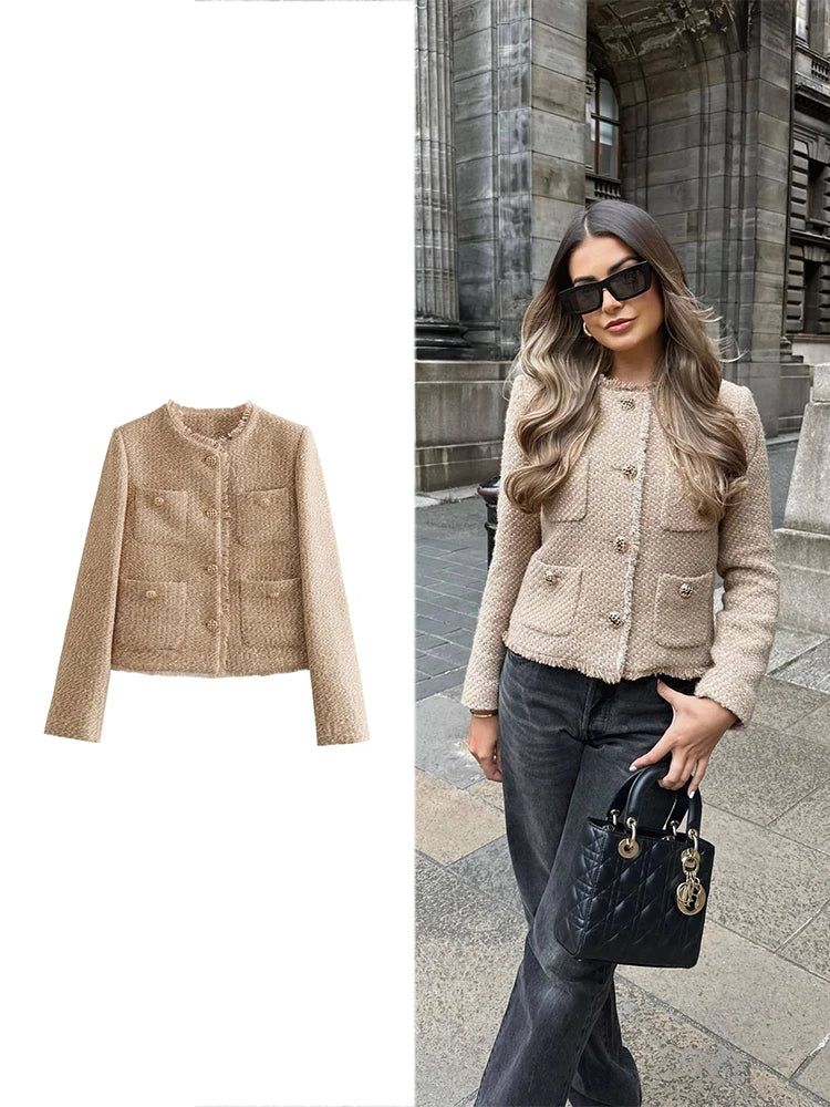Women's Autumn and Winter Long Sleeve Short Jacket Fashion Solid Colour Front Pocket Button Jacket Elegant Casual Jacket.