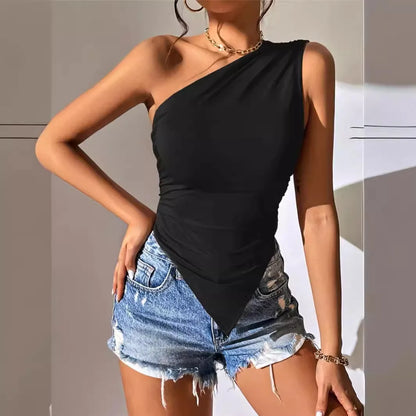 Sexy One Shoulder Ruched Asymmetrical Hem Top Women Summer Casual Solid Color Pleated Sleeveless Tee Top Streetwear Y2K.