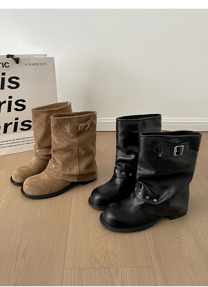 Winter Pleated Women Western Ankle Boots Fashion Rivet Belt Buckle Shoes Ladies Concise Vintage Thick Heel Short Booties.